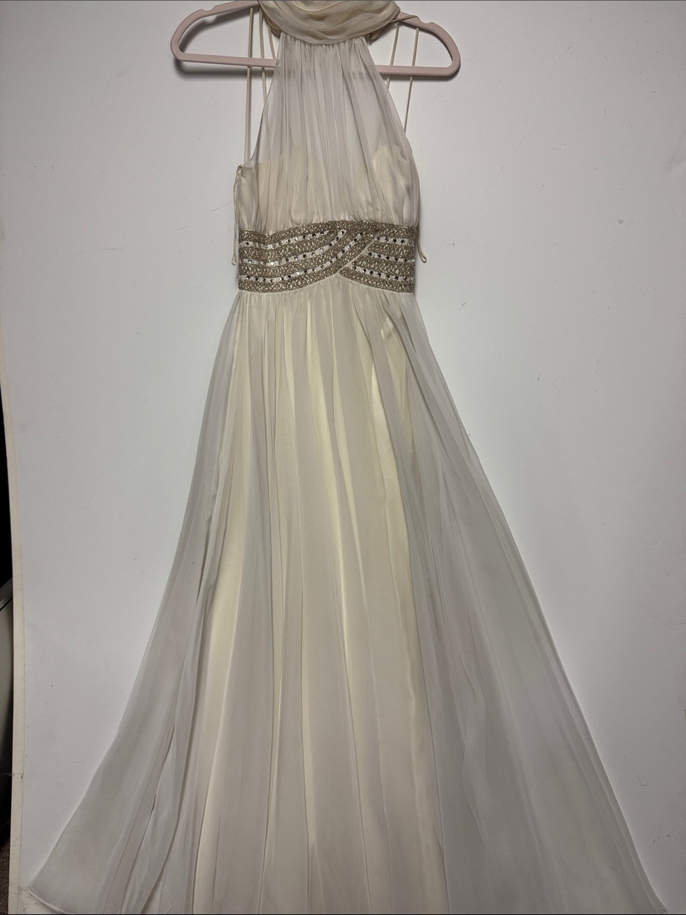 Vintage Mike Benet Formals Cream Halter Chiffon Dress with Beaded Waistband